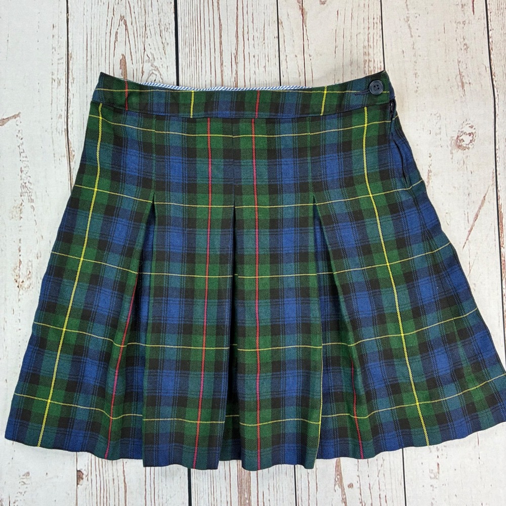 Tommy Hilfiger Girls Green Blue Plaid Pleated Skirt Size 10